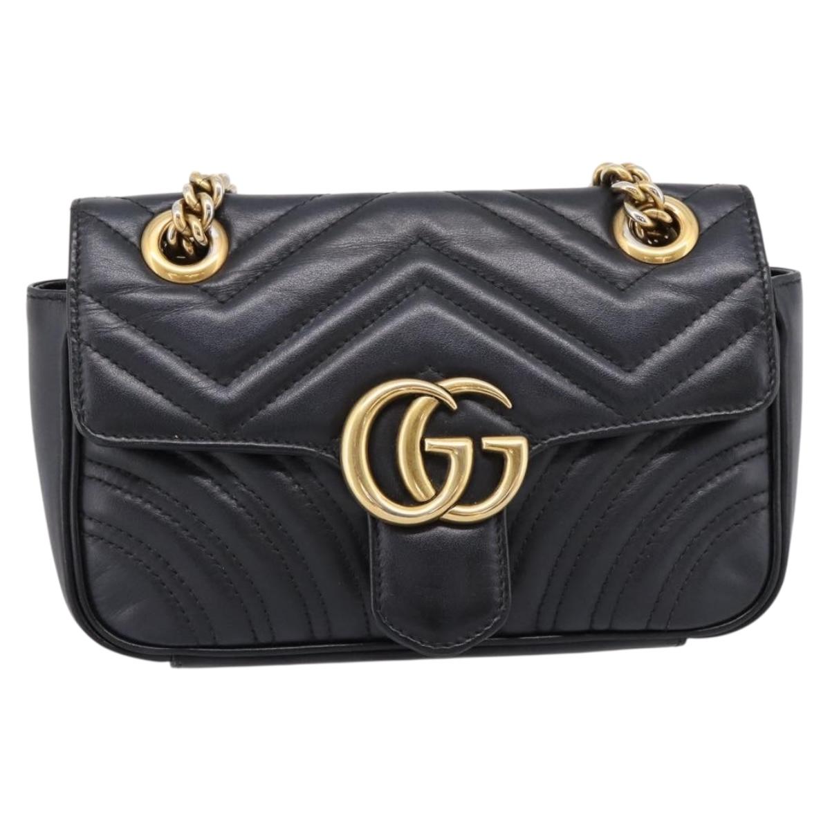 GUCCI GG Marmont Chain Shoulder Bag Leather Black Gold 446744 Auth 205259V