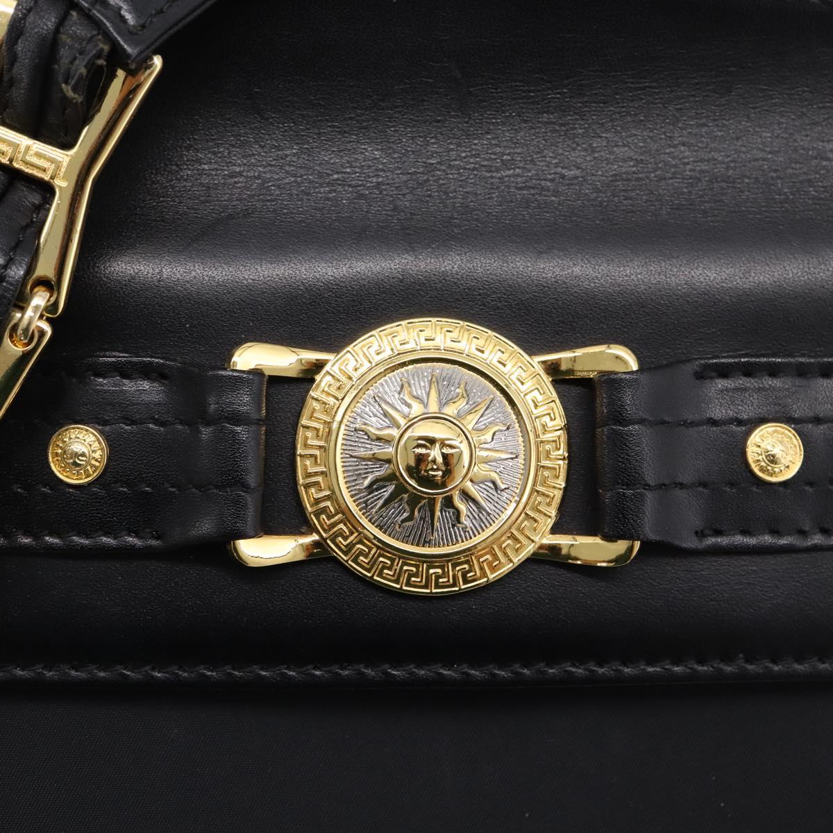 VERSACE Shoulder Bag Nylon Leather Black Gold Auth 205264