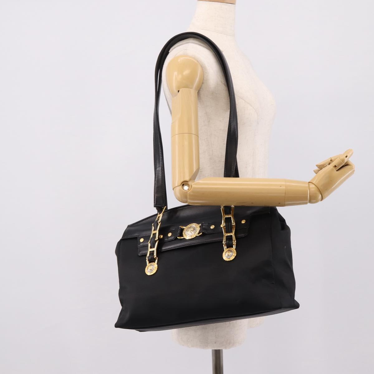 VERSACE Shoulder Bag Nylon Leather Black Gold Auth 205264
