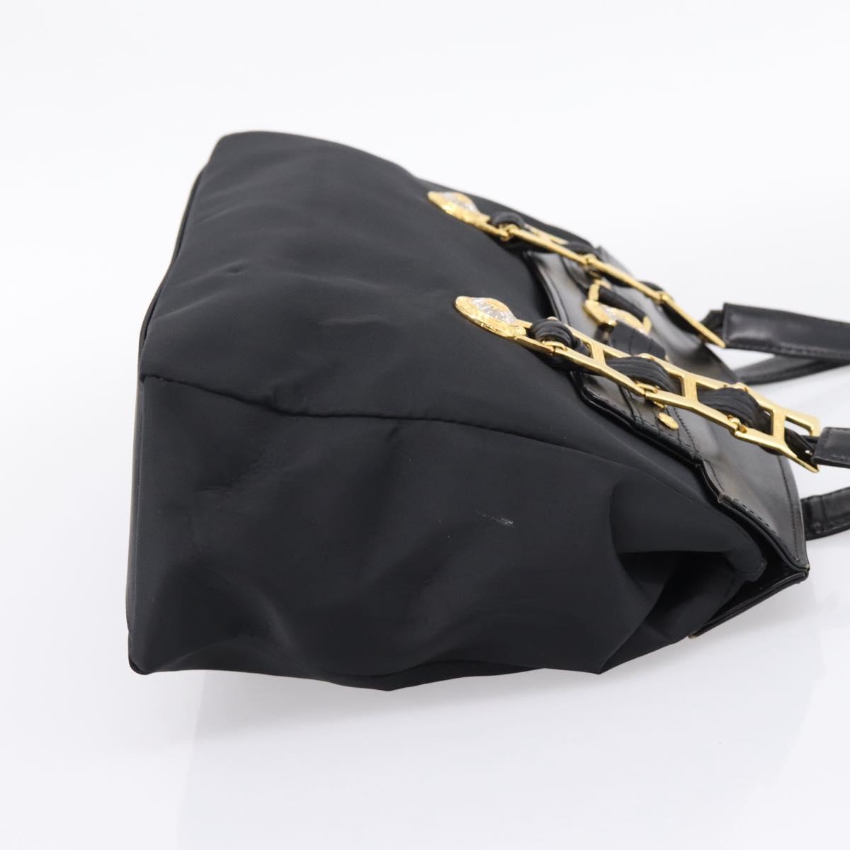 VERSACE Shoulder Bag Nylon Leather Black Gold Auth 205264