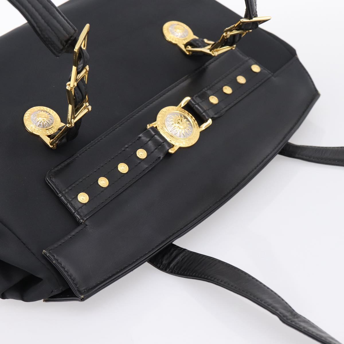 VERSACE Shoulder Bag Nylon Leather Black Gold Auth 205264