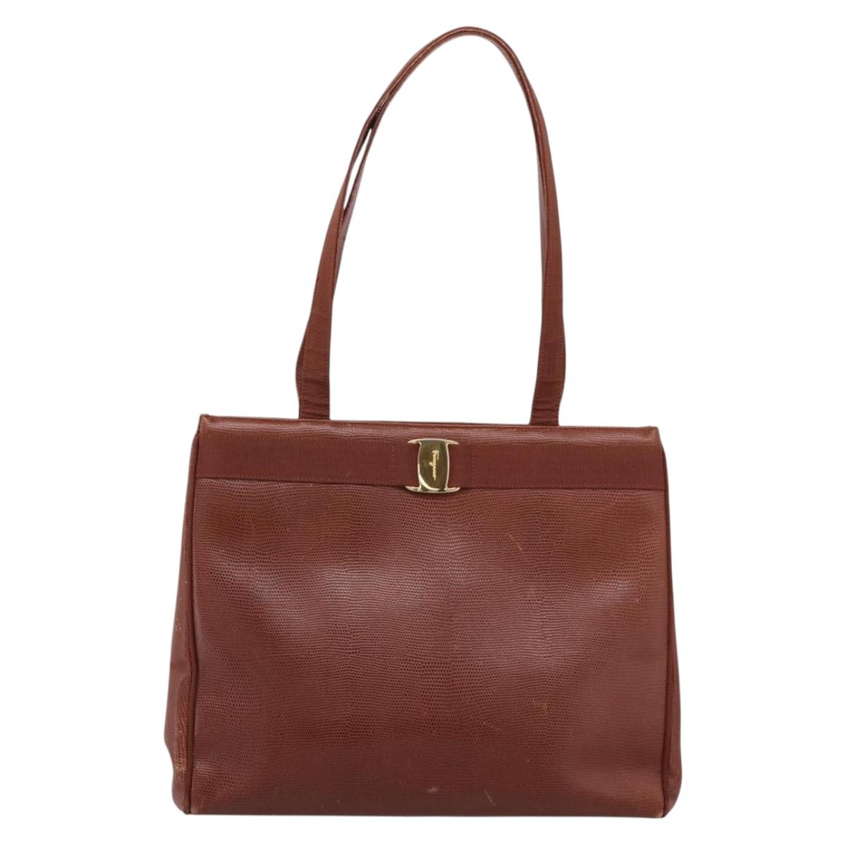 Salvatore Ferragamo Vala Tote Bag Leather Brown Gold Auth 205268