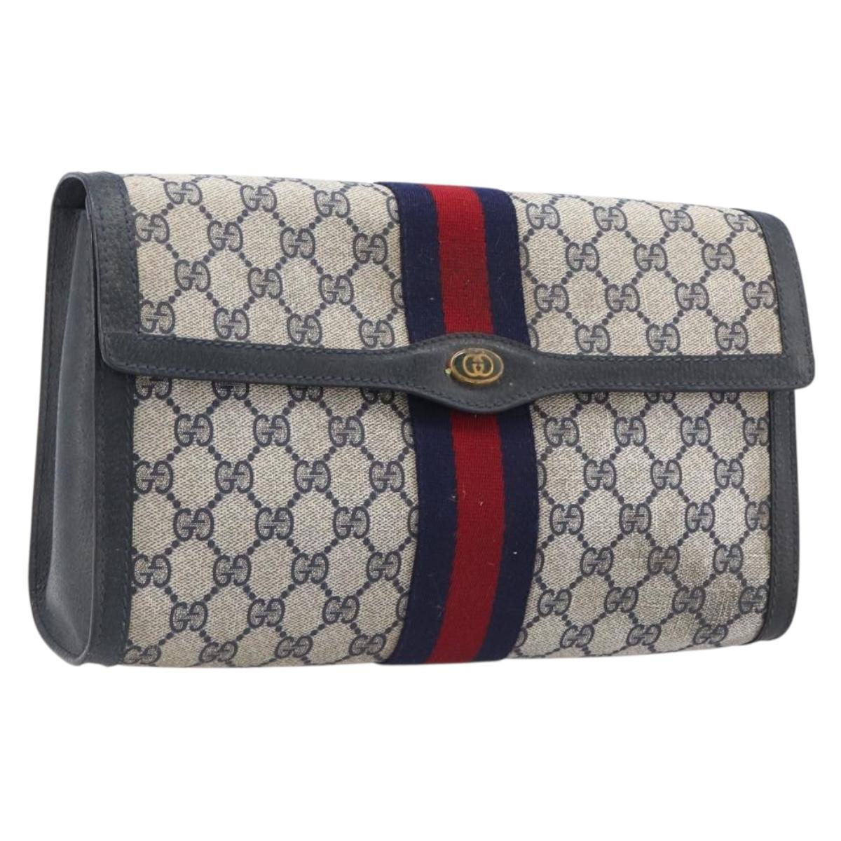 GUCCI GG Supreme Sherry Line Bag PVC Leather Navy Gold 89 01 007 Auth 205280