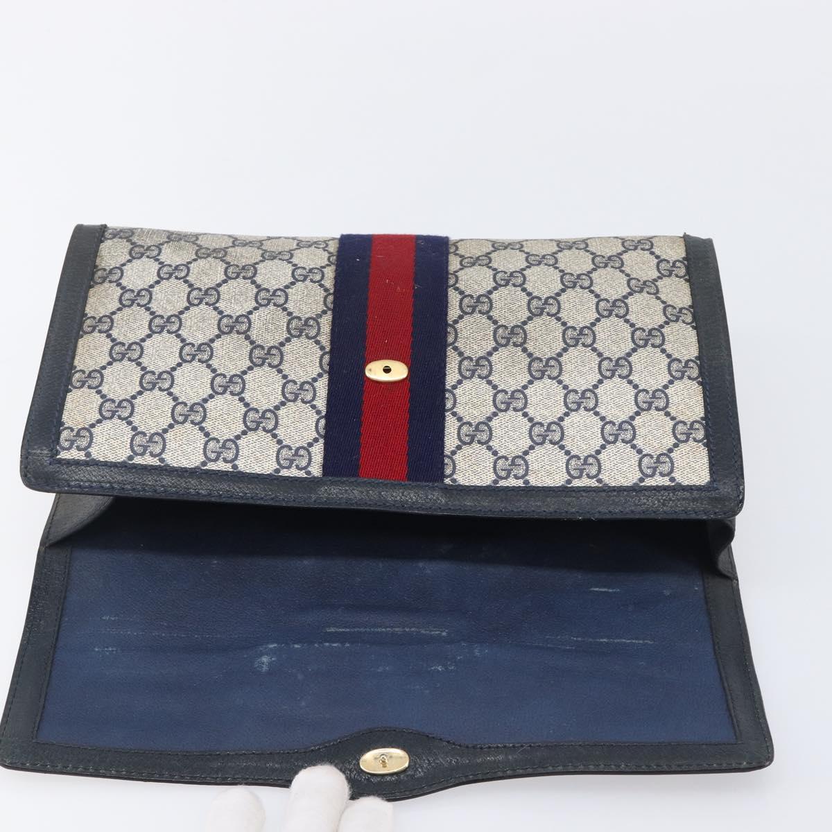 GUCCI GG Supreme Sherry Line Bag PVC Leather Navy Gold 89 01 007 Auth 205280
