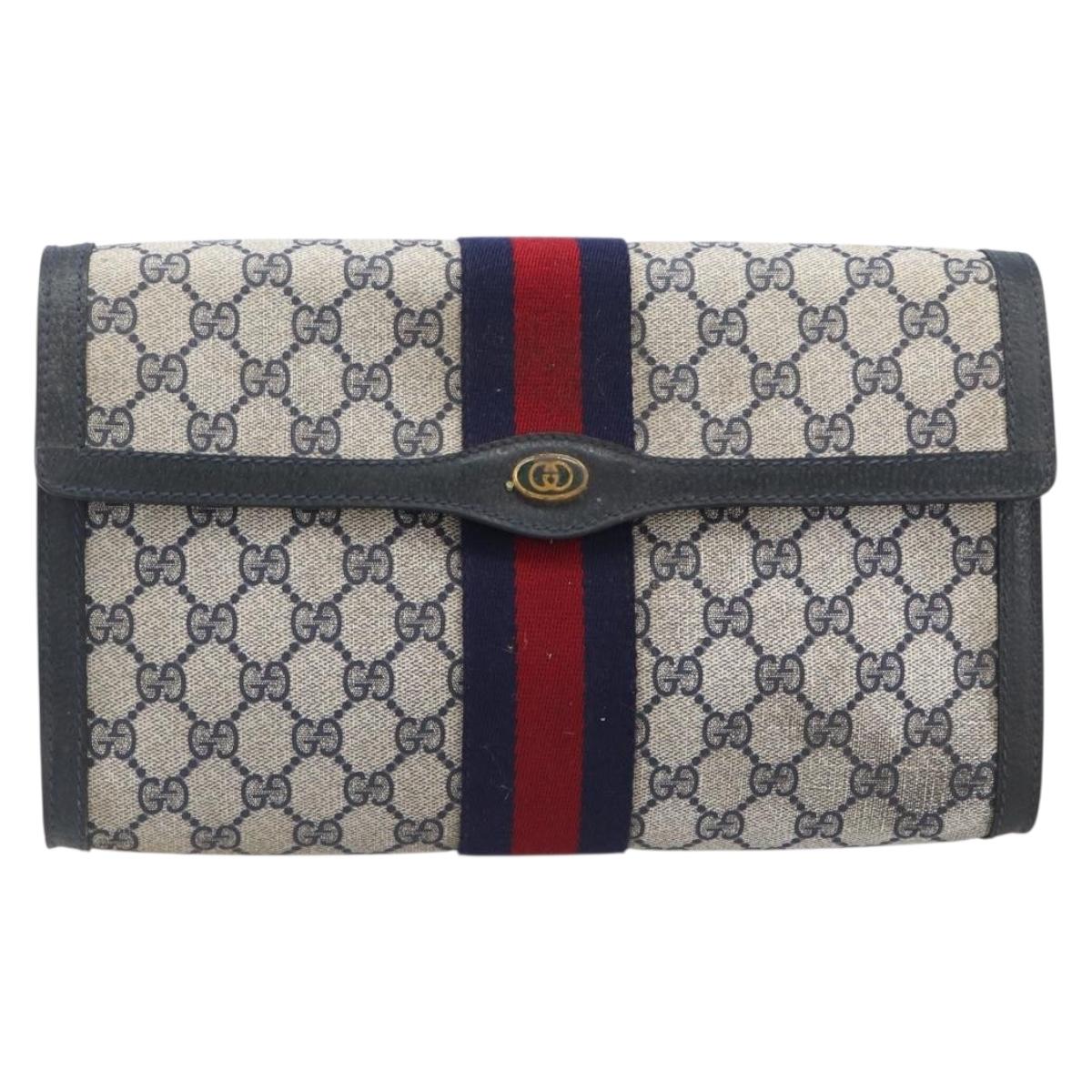 GUCCI GG Supreme Sherry Line Bag PVC Leather Navy Gold 89 01 007 Auth 205280