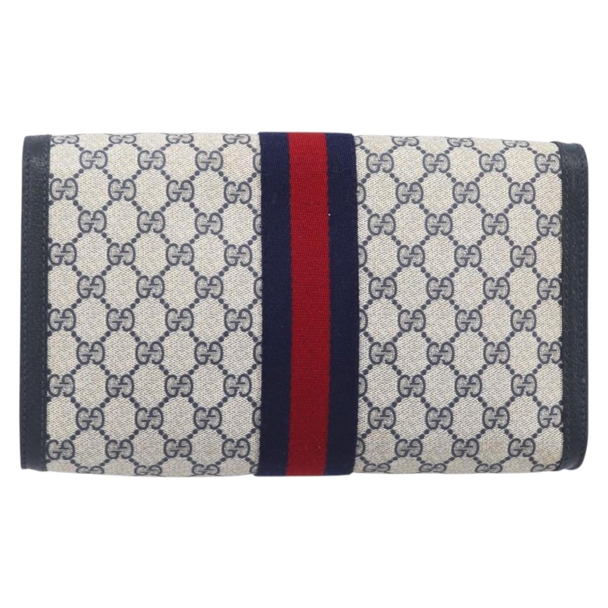 GUCCI GG Supreme Sherry Line Bag PVC Leather Navy Gold 89 01 007 Auth 205280