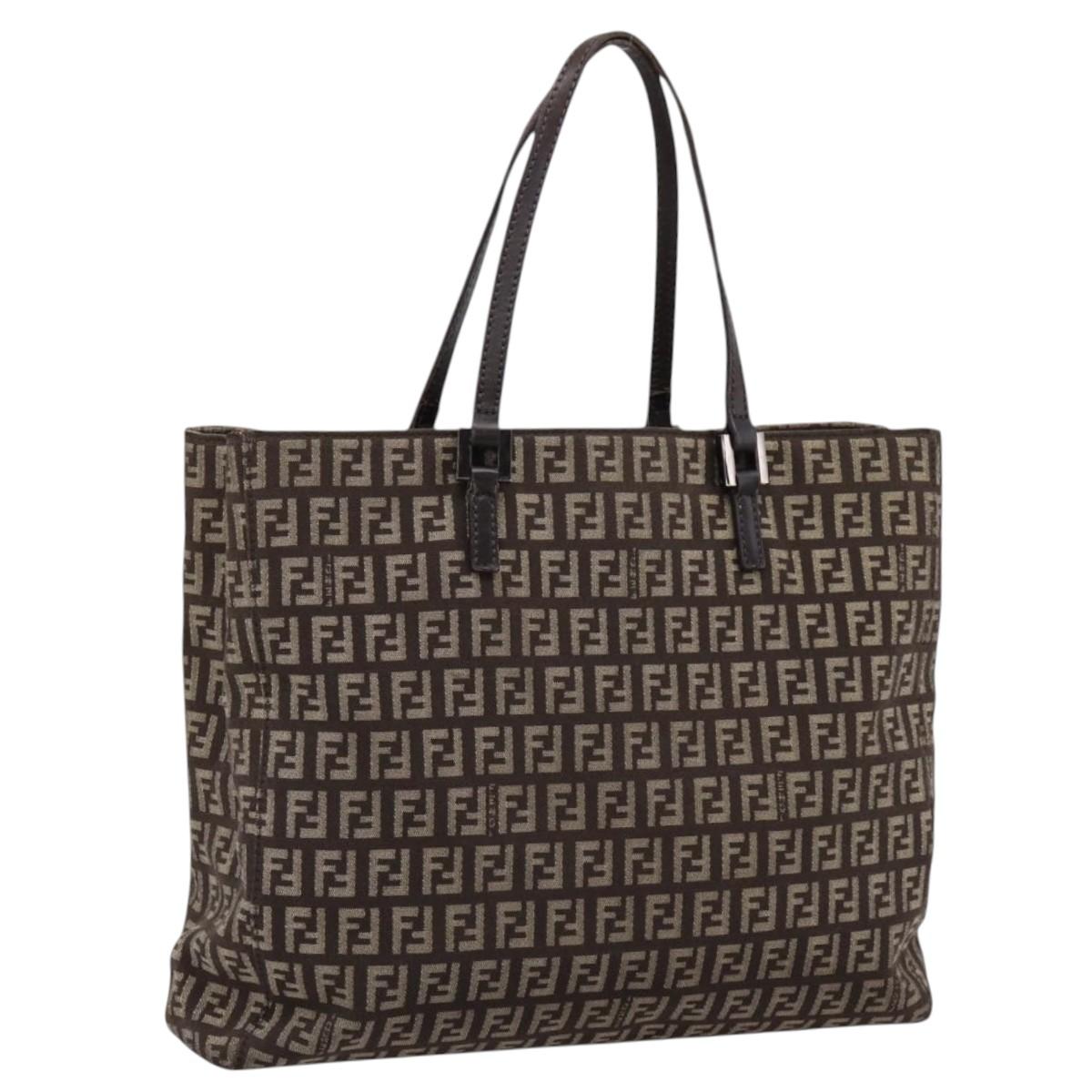 FENDI Zucchino Canvas Tote Bag Brown Silver Auth 205294
