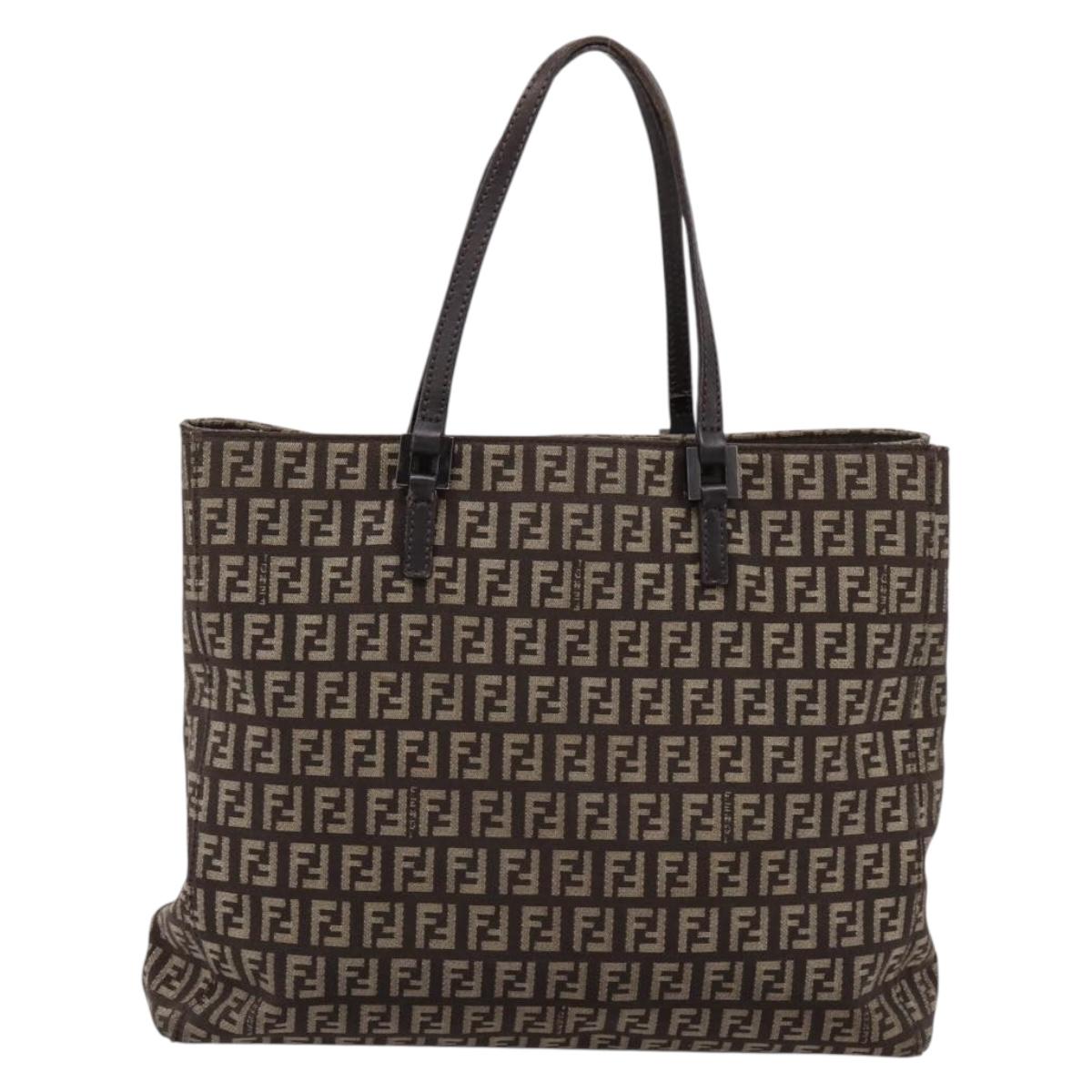 FENDI Zucchino Canvas Tote Bag Brown Silver Auth 205294