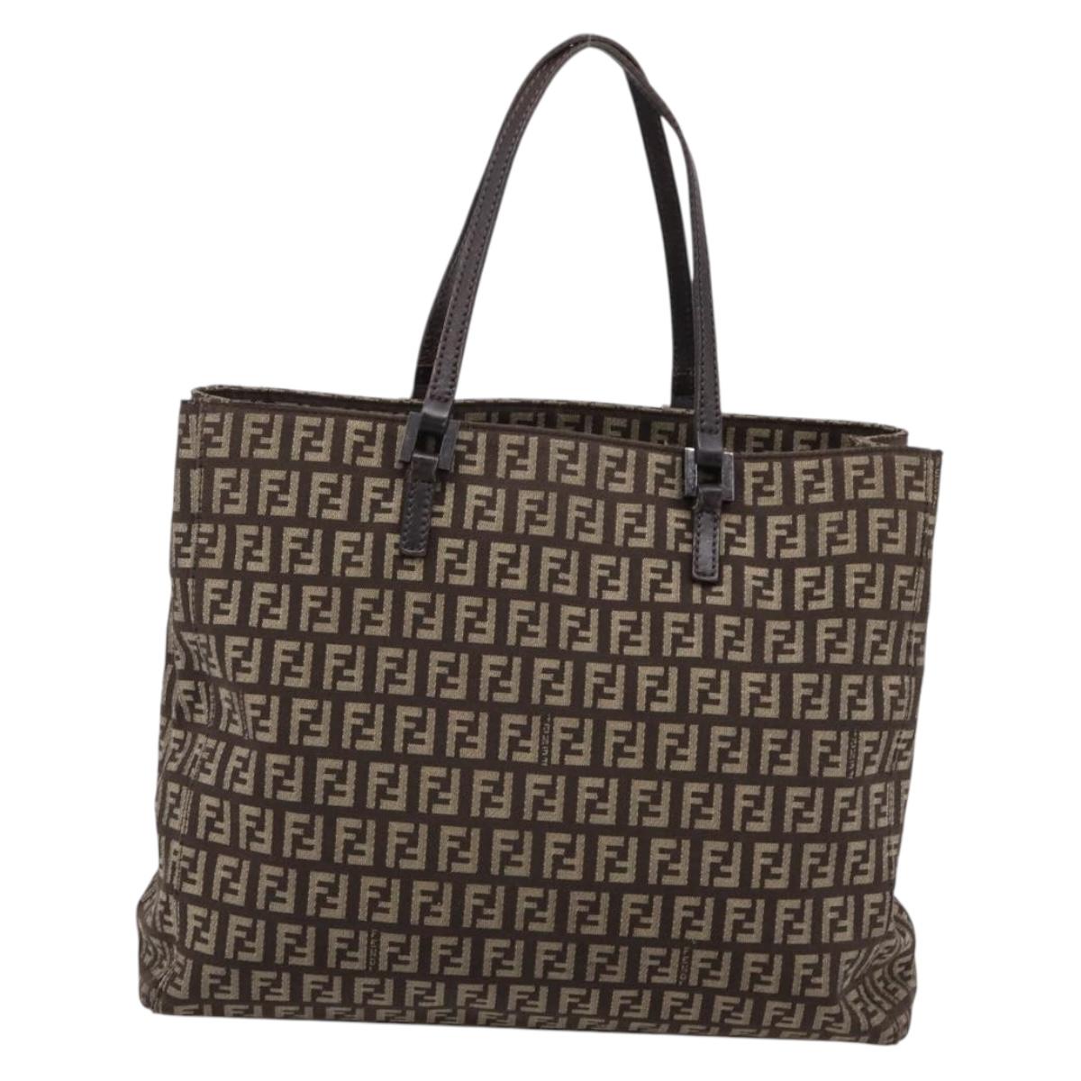 FENDI Zucchino Canvas Tote Bag Brown Silver Auth 205294