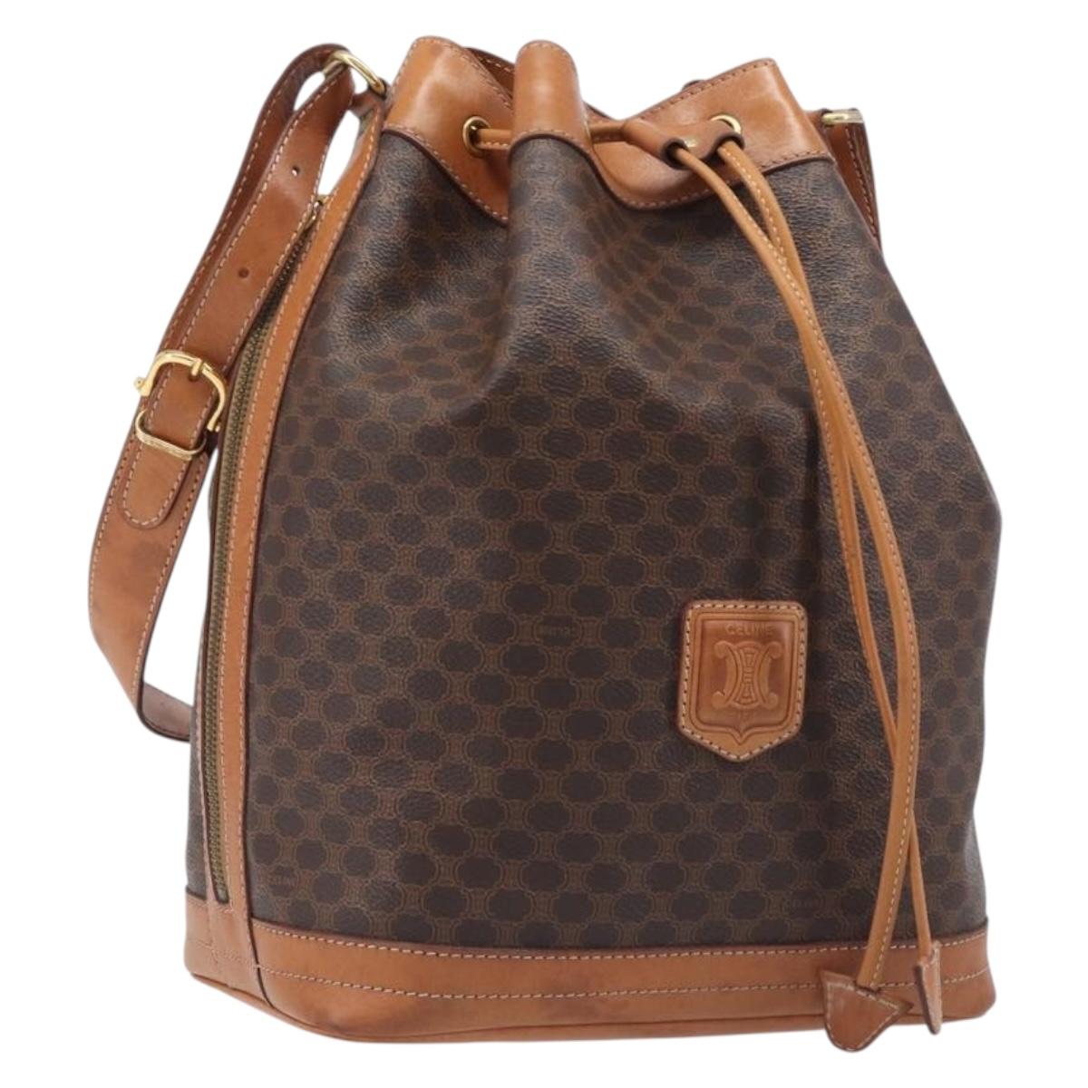 CELINE Macadam Canvas Shoulder Bag PVC Leather Brown Gold Auth 205298V