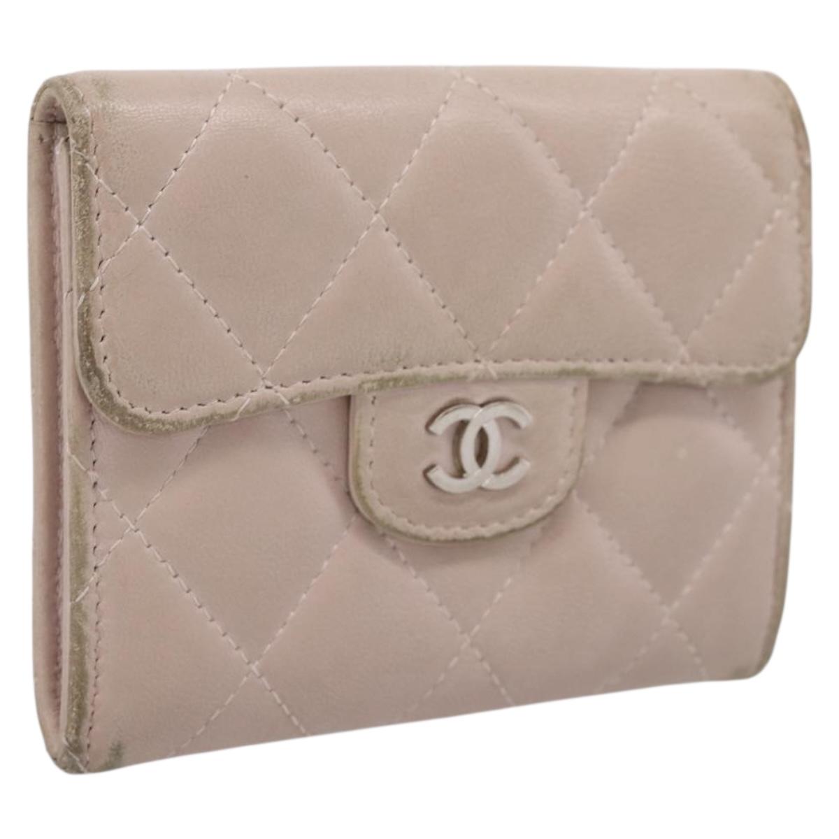 CHANEL Matelasse Wallet Lamb Skin Beige Silver CC Auth 205317