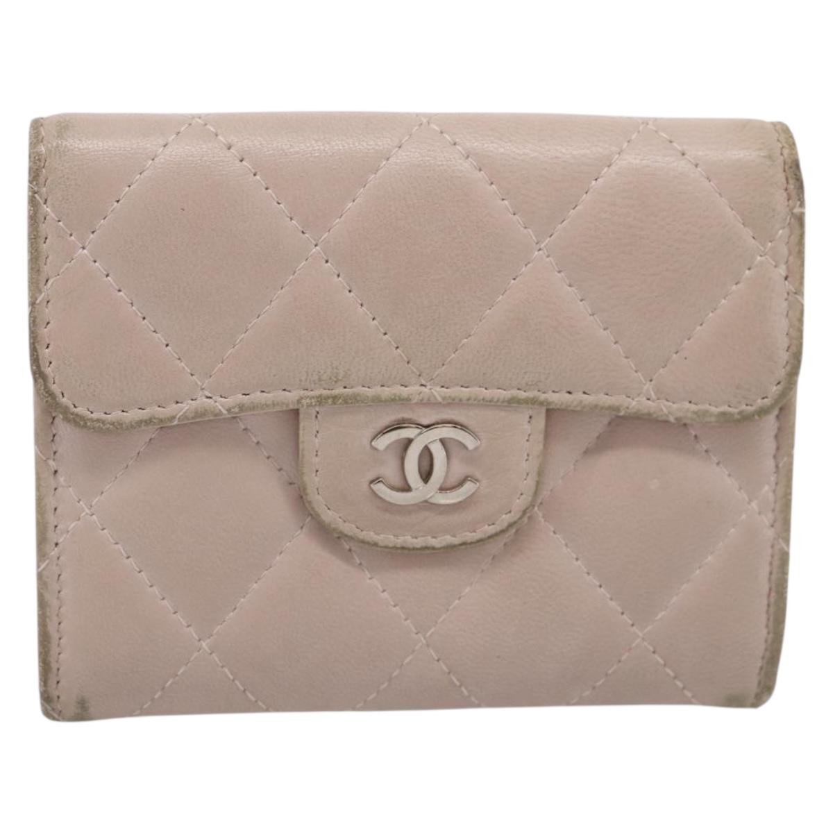 CHANEL Matelasse Wallet Lamb Skin Beige Silver CC Auth 205317