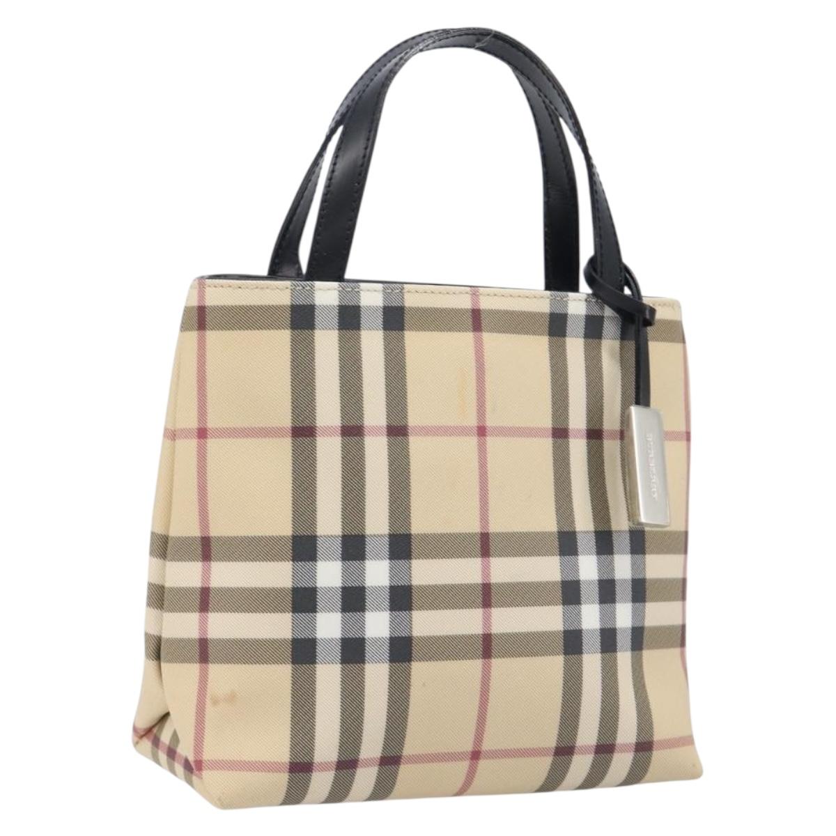 BURBERRY Nova Check Hand Bag PVC Beige Silver Auth 205321