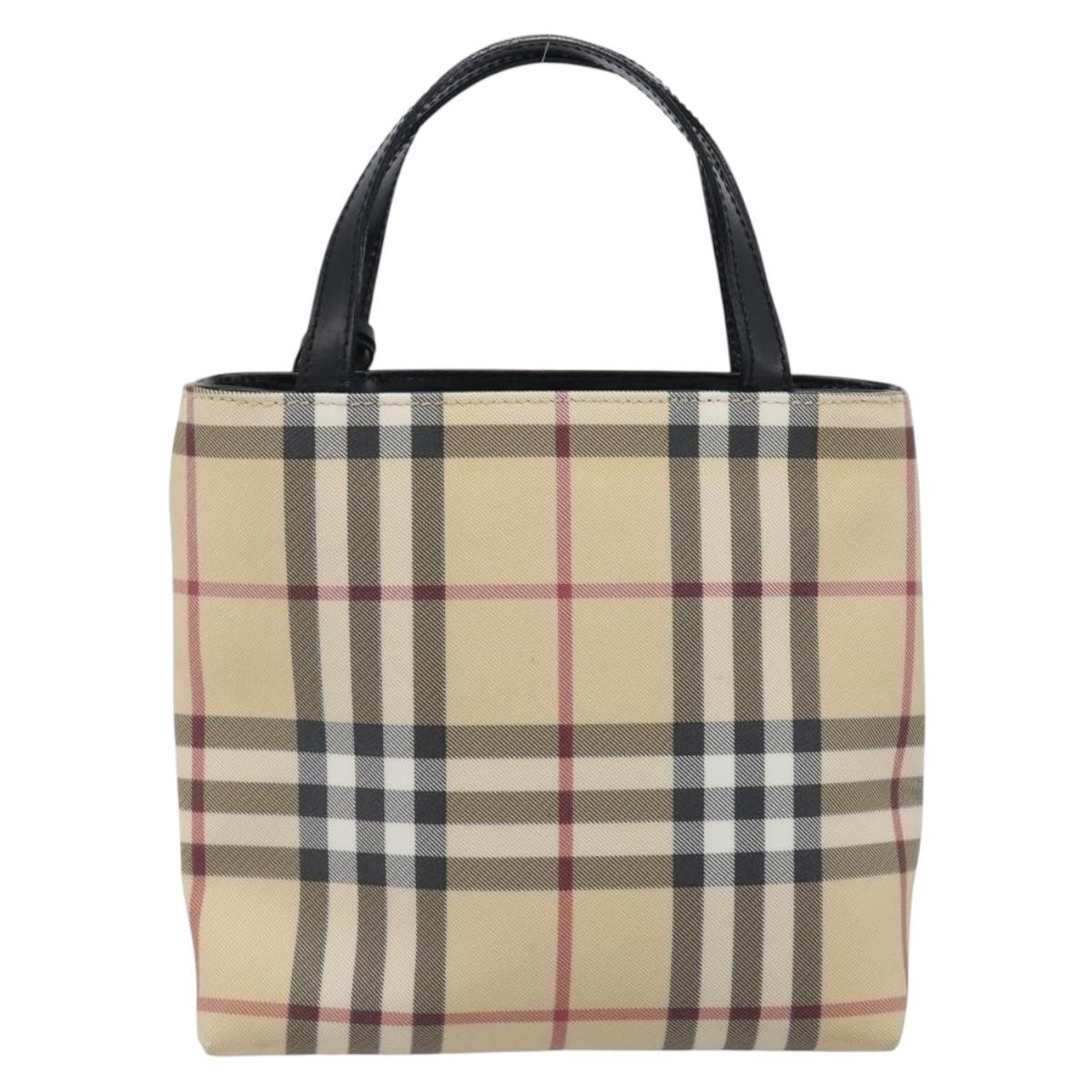 BURBERRY Nova Check Hand Bag PVC Beige Silver Auth 205321