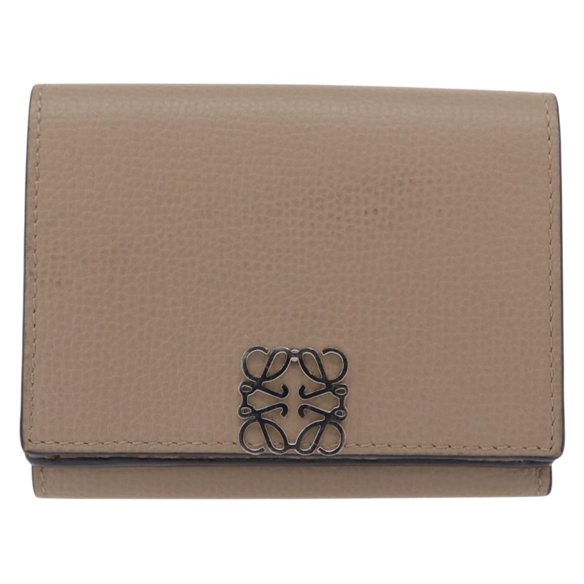 LOEWE Anagram Trifold Wallet Leather Beige Silver Auth 205328M