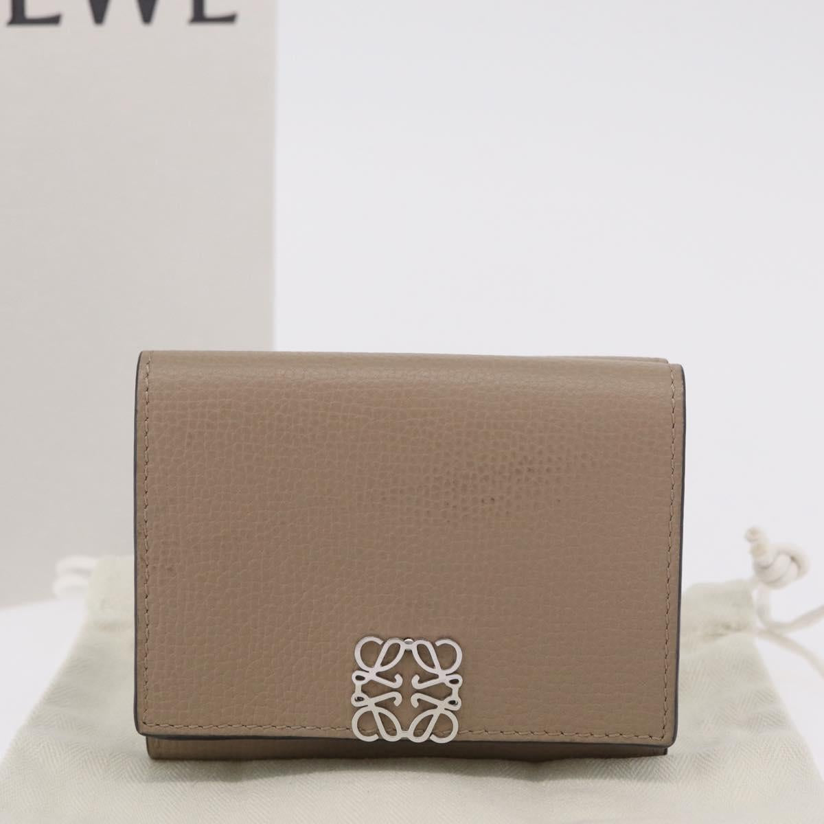 LOEWE Anagram Trifold Wallet Leather Beige Silver Auth 205328M