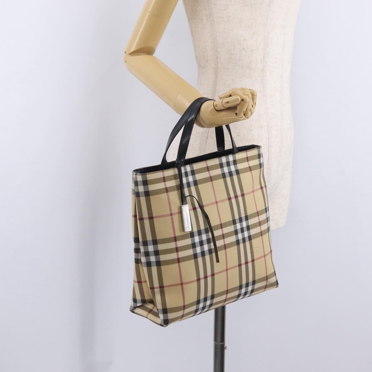 BURBERRY Nova Check Hand Bag PVC Beige Silver Auth 205331
