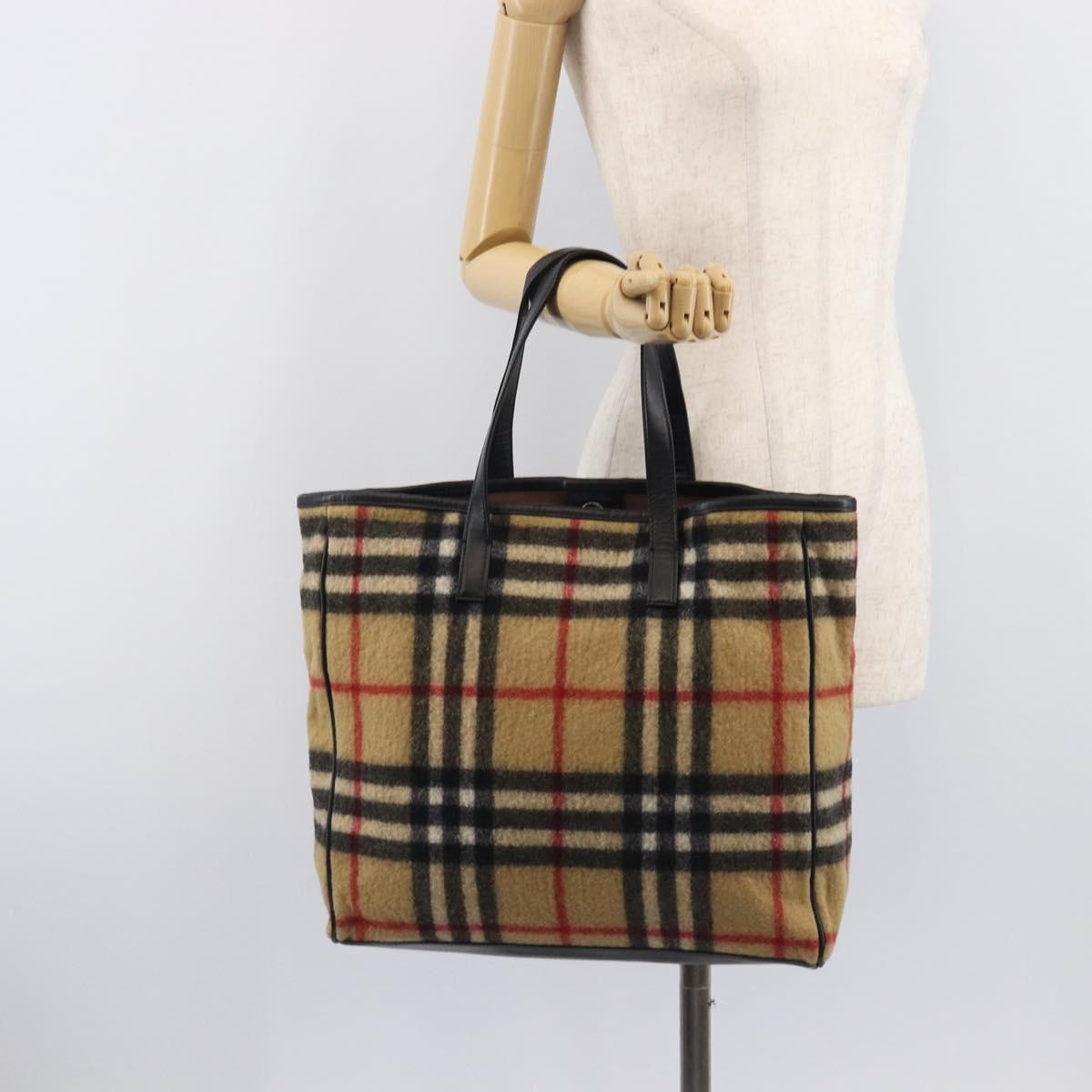 BURBERRY Nova Check Blue Label Tote Bag Wool Beige Silver Auth 205370V