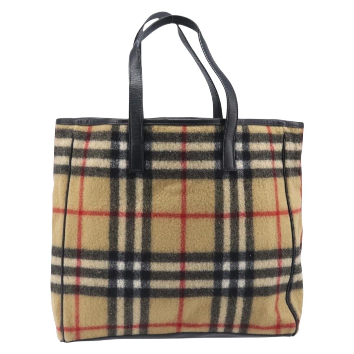 BURBERRY Nova Check Blue Label Tote Bag Wool Beige Silver Auth 205370V