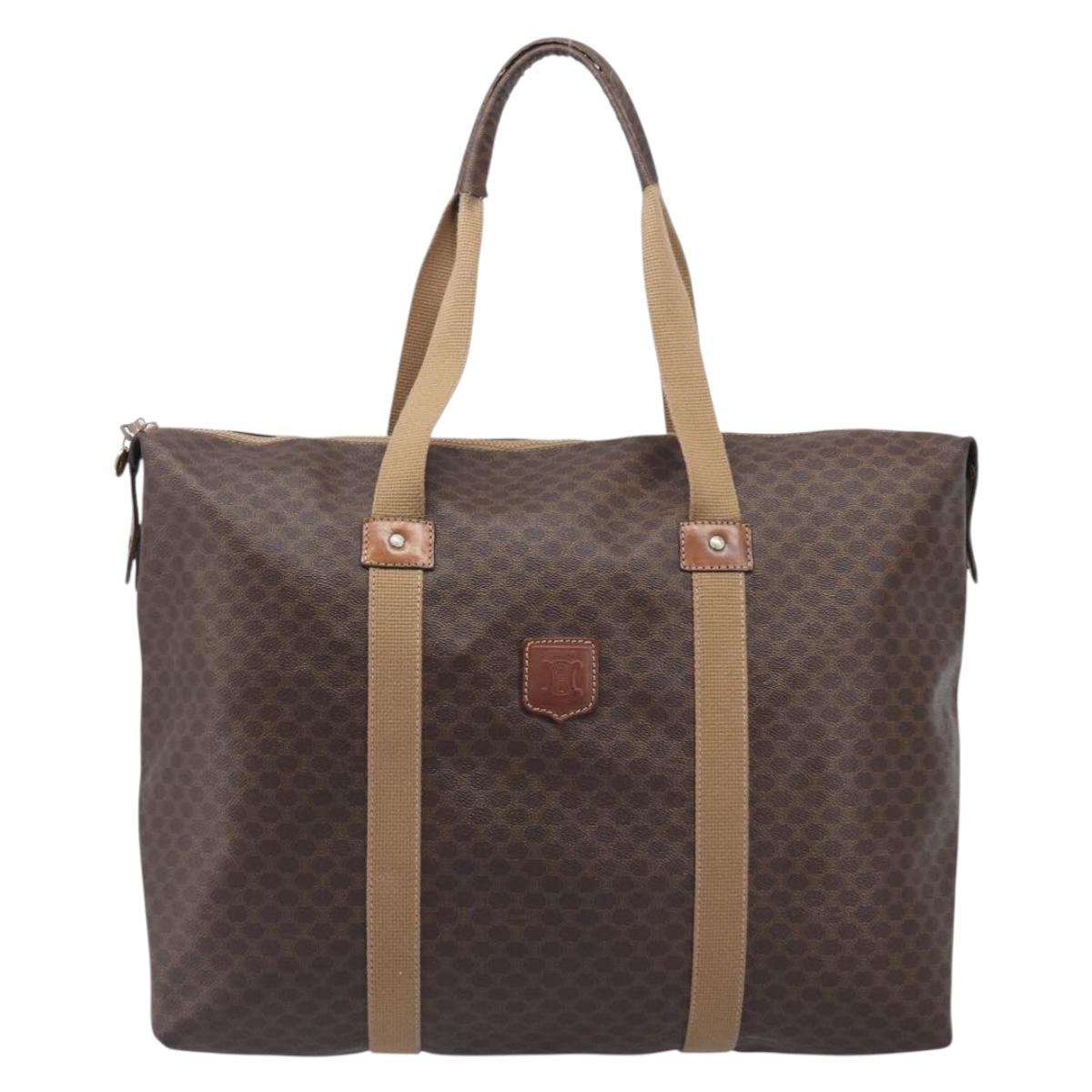 CELINE Macadam Canvas Boston Bag PVC Leather Brown Gold Auth 205375A