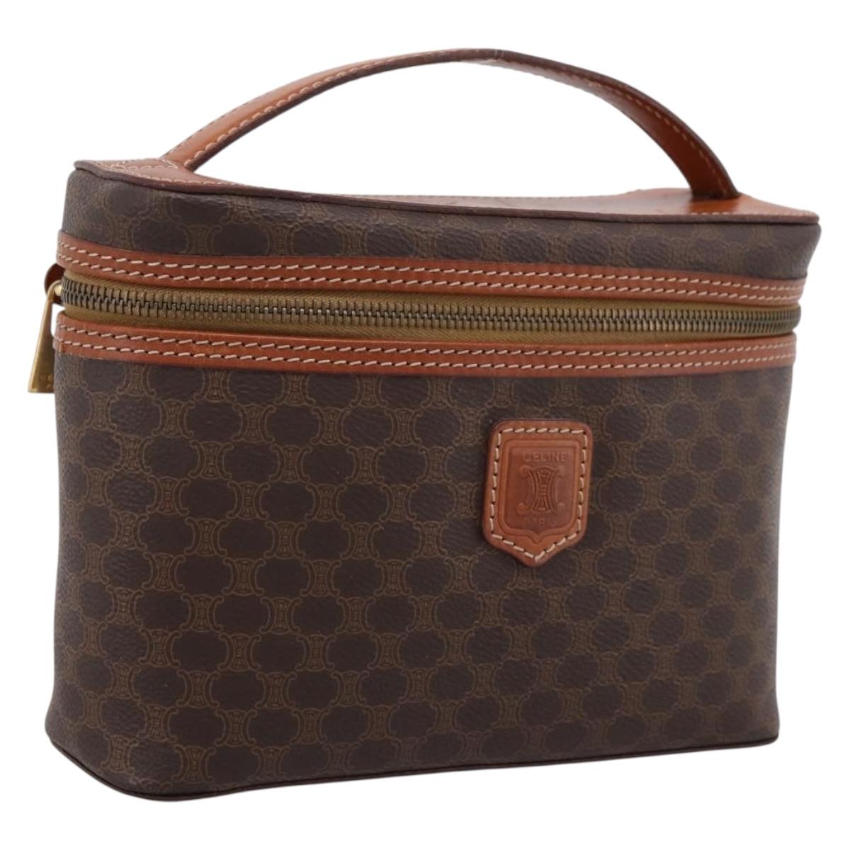 CELINE Macadam Canvas Vanity Cosmetic Pouch PVC Leather Brown Gold Auth 205380A