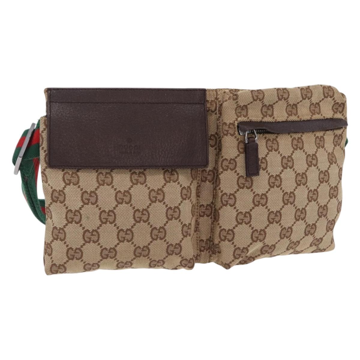 GUCCI GG Canvas Web Sherry Line Waist Bag Beige Silver 28566 Auth 205382A