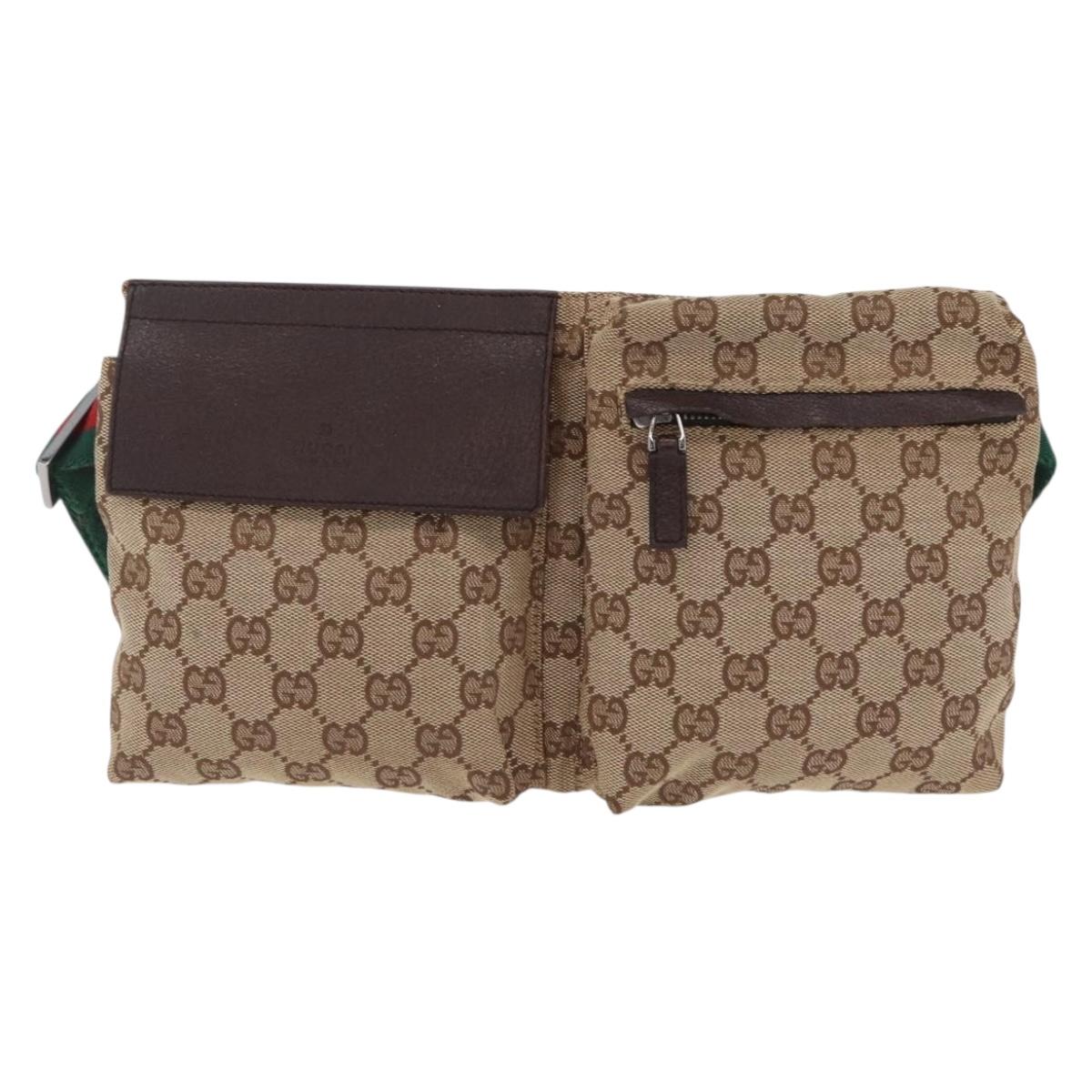 GUCCI GG Canvas Web Sherry Line Waist Bag Beige Silver 28566 Auth 205382A