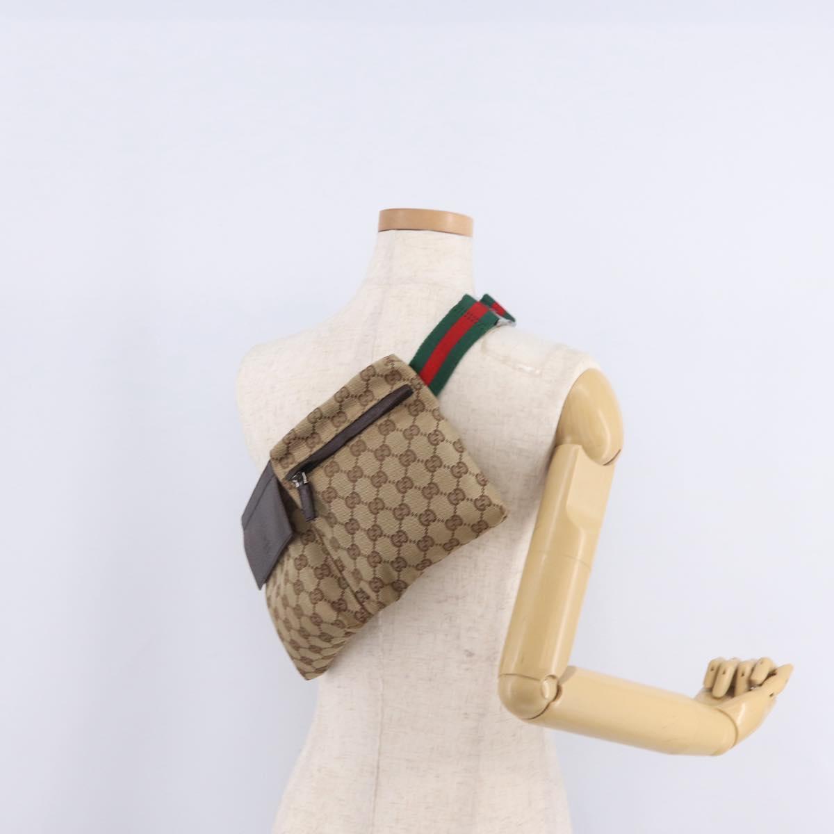 GUCCI GG Canvas Web Sherry Line Waist Bag Beige Silver 28566 Auth 205382A