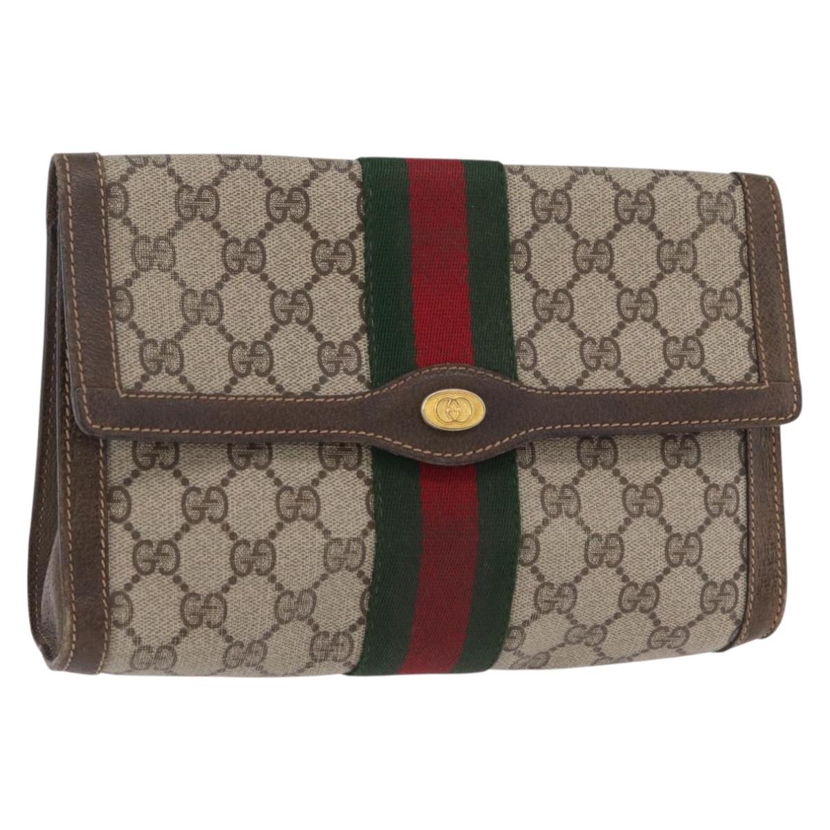 GUCCI GG Supreme Web Sherry Line Bag PVC Beige Gold 67 014 3087 Auth 205398