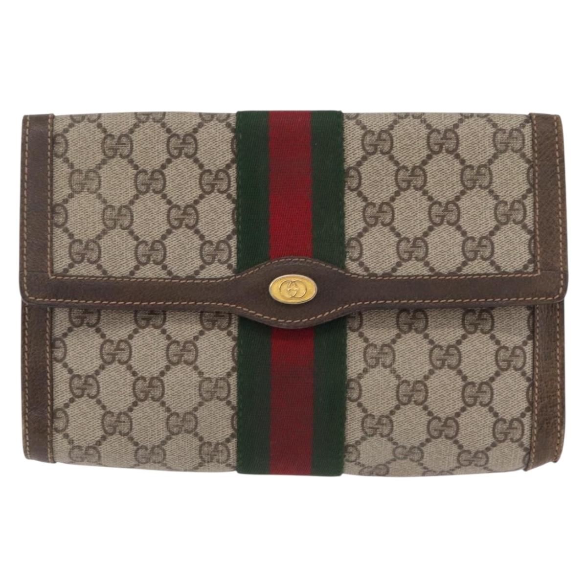 GUCCI GG Supreme Web Sherry Line Bag PVC Beige Gold 67 014 3087 Auth 205398