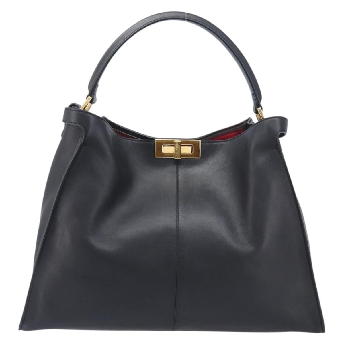 FENDI Peek A Boo X-Rite Hand Bag Leather Black Gold Auth 205424V