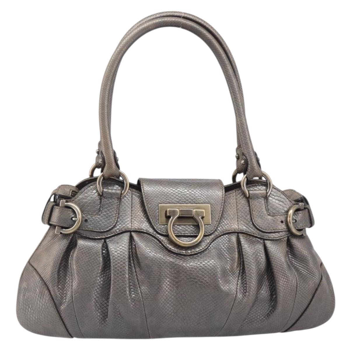 Salvatore Ferragamo Gancini Hand Bag Croco Embossing Silver Gold Auth 205427A