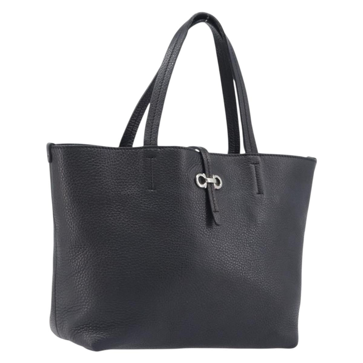 Salvatore Ferragamo Gancini Hand Bag Leather Black Silver Auth 205429A