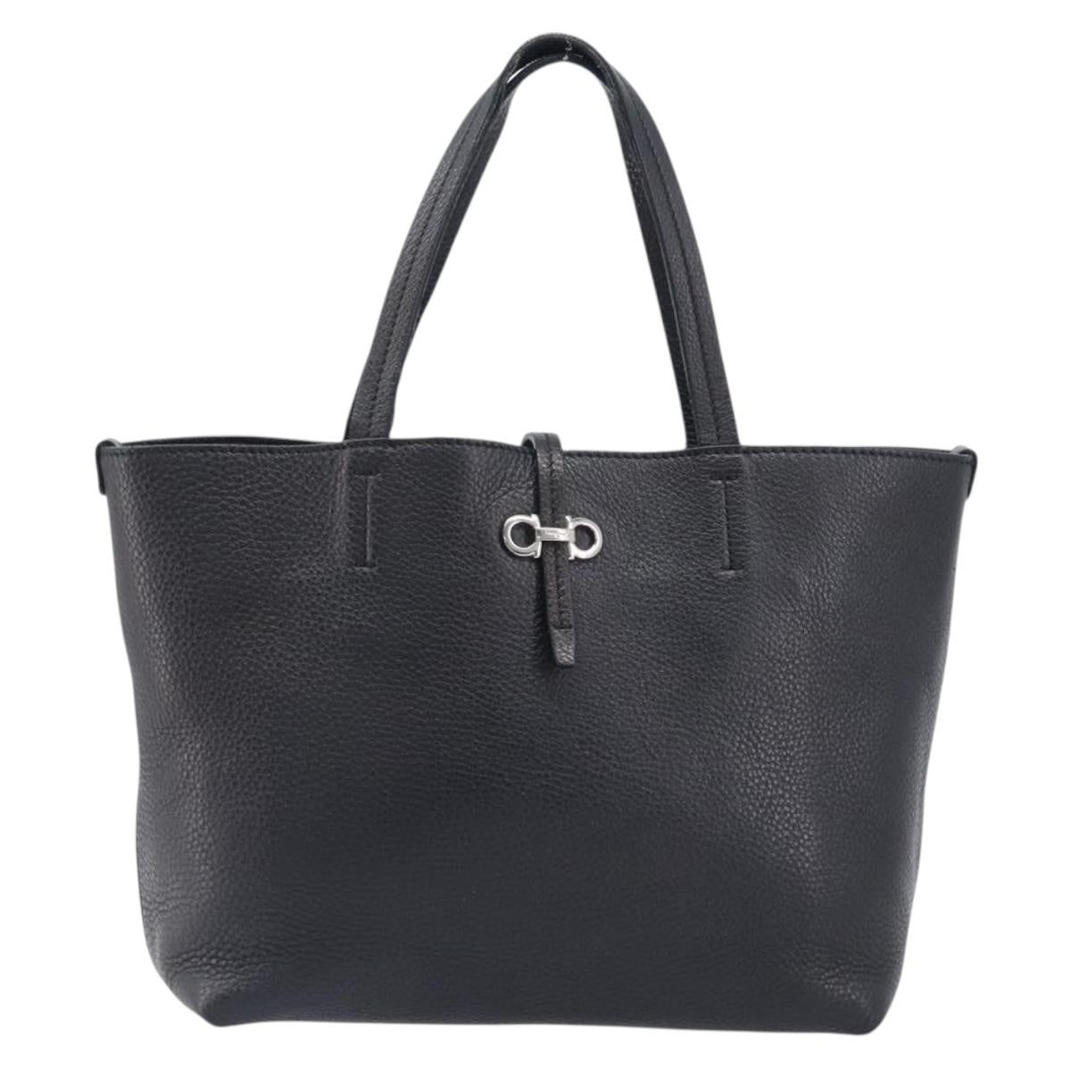 Salvatore Ferragamo Gancini Hand Bag Leather Black Silver Auth 205429A