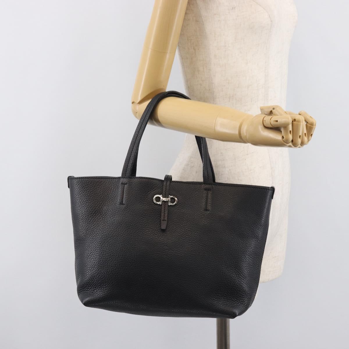 Salvatore Ferragamo Gancini Hand Bag Leather Black Silver Auth 205429A