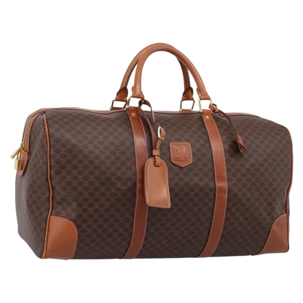 CELINE Macadam Canvas Boston Bag PVC Leather Brown Gold Auth 205436V