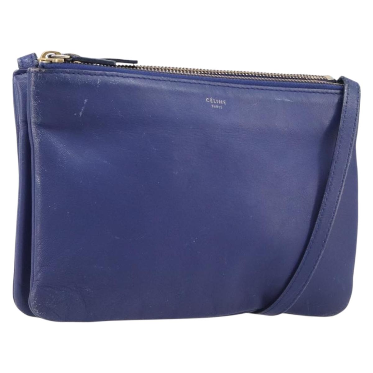 CELINE Trio Shoulder Bag Leather Blue Gold Auth 205438