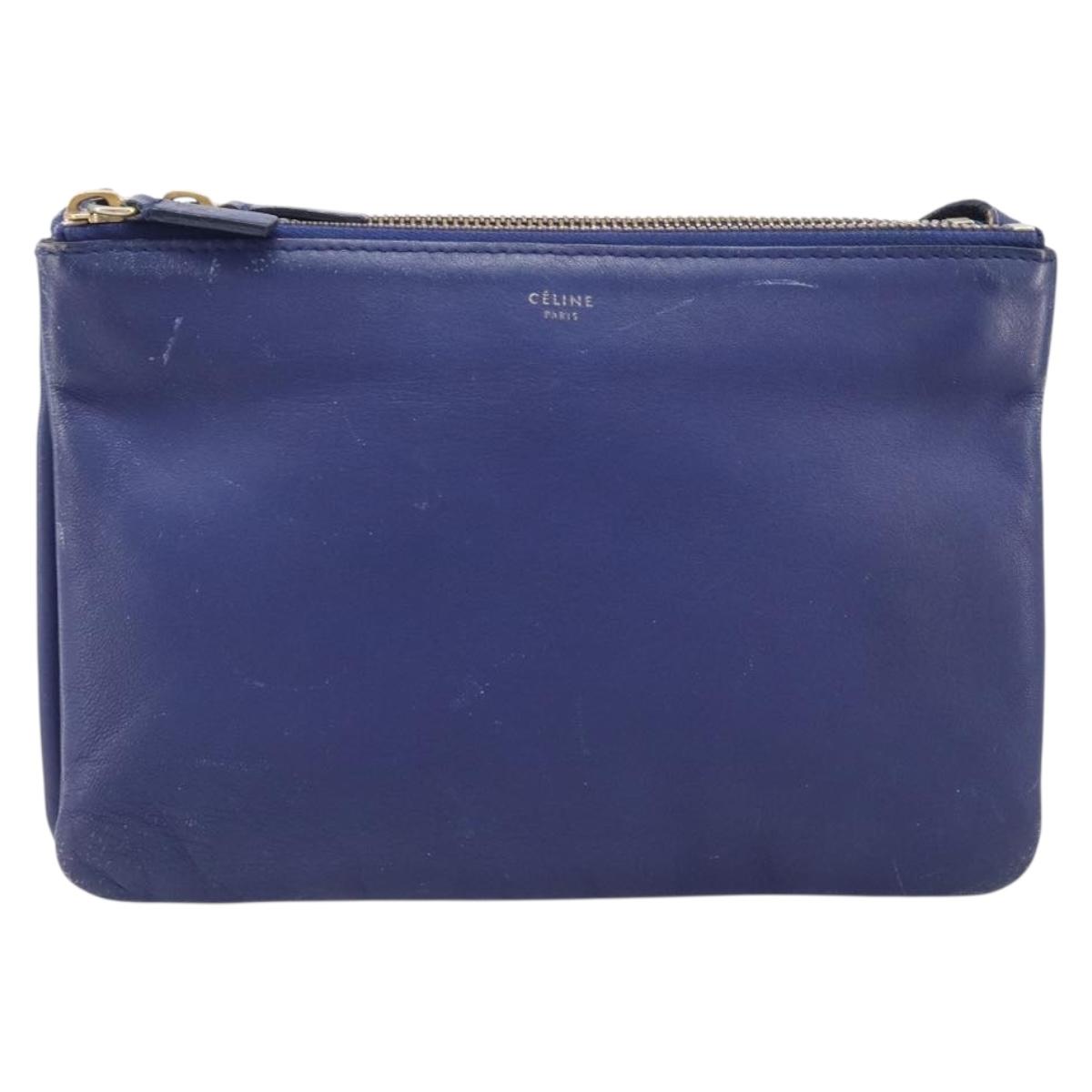 CELINE Trio Shoulder Bag Leather Blue Gold Auth 205438
