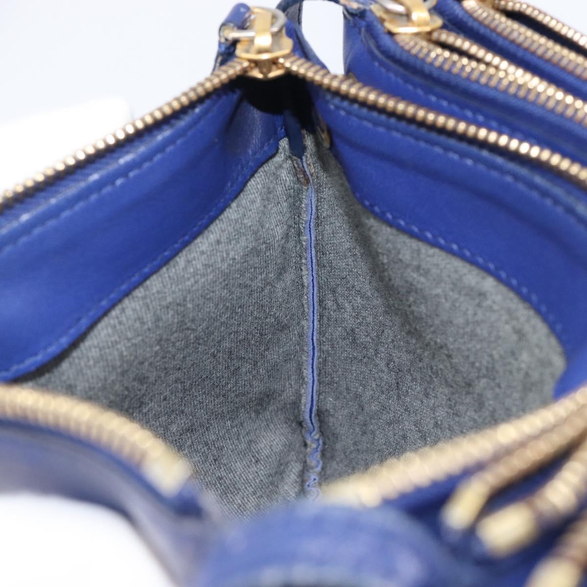 CELINE Trio Shoulder Bag Leather Blue Gold Auth 205438