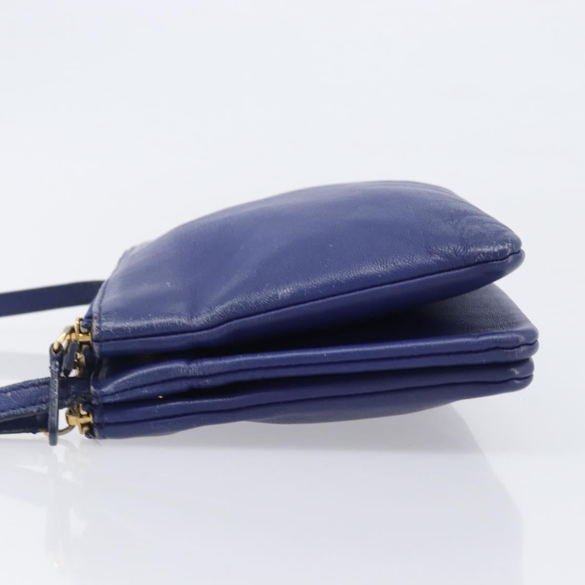 CELINE Trio Shoulder Bag Leather Blue Gold Auth 205438