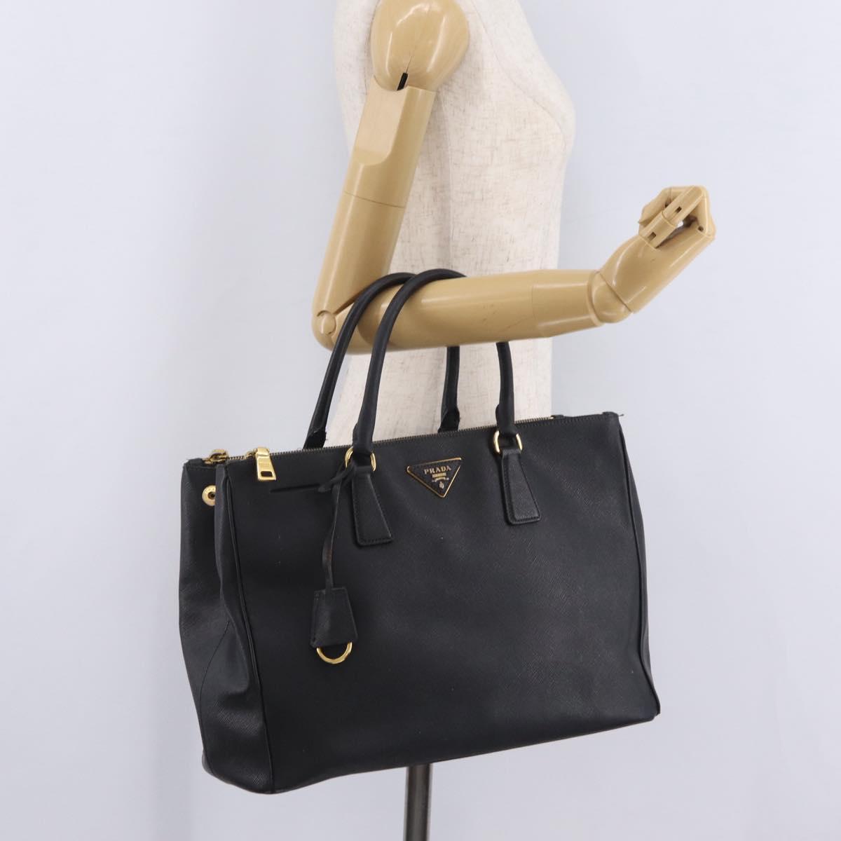 PRADA Galleria Hand Bag Safiano Leather Black Gold Auth 205439