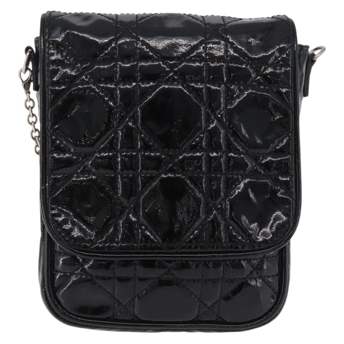Christian Dior Chain Cannage Bag Patent Leather Black Silver Auth 205445V