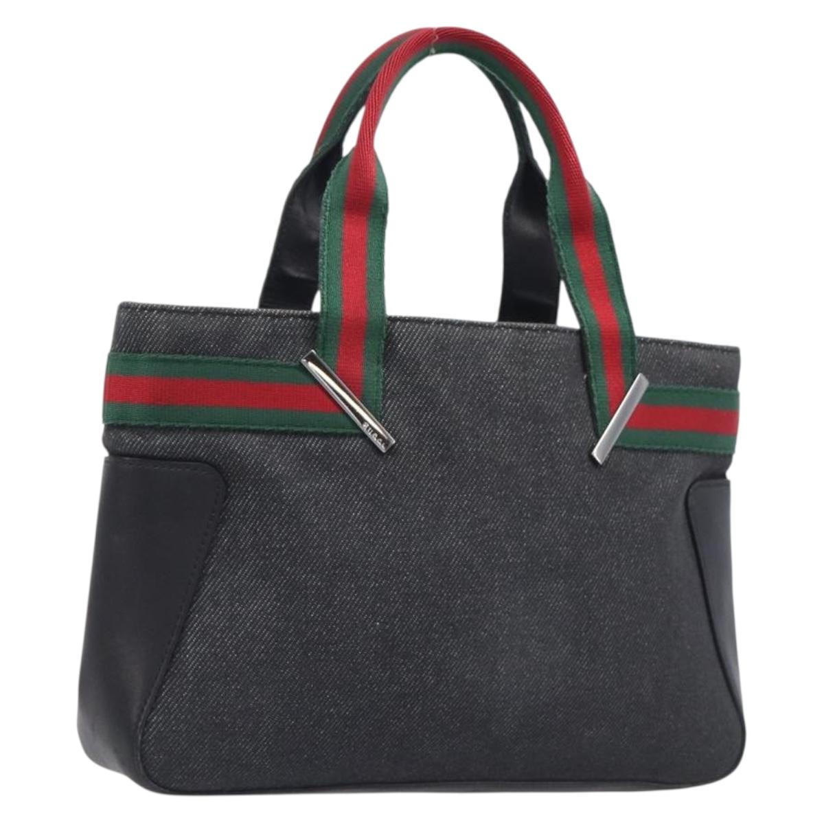 GUCCI Web Sherry Line Hand Bag Canvas Black Silver 73984 Auth 205458V