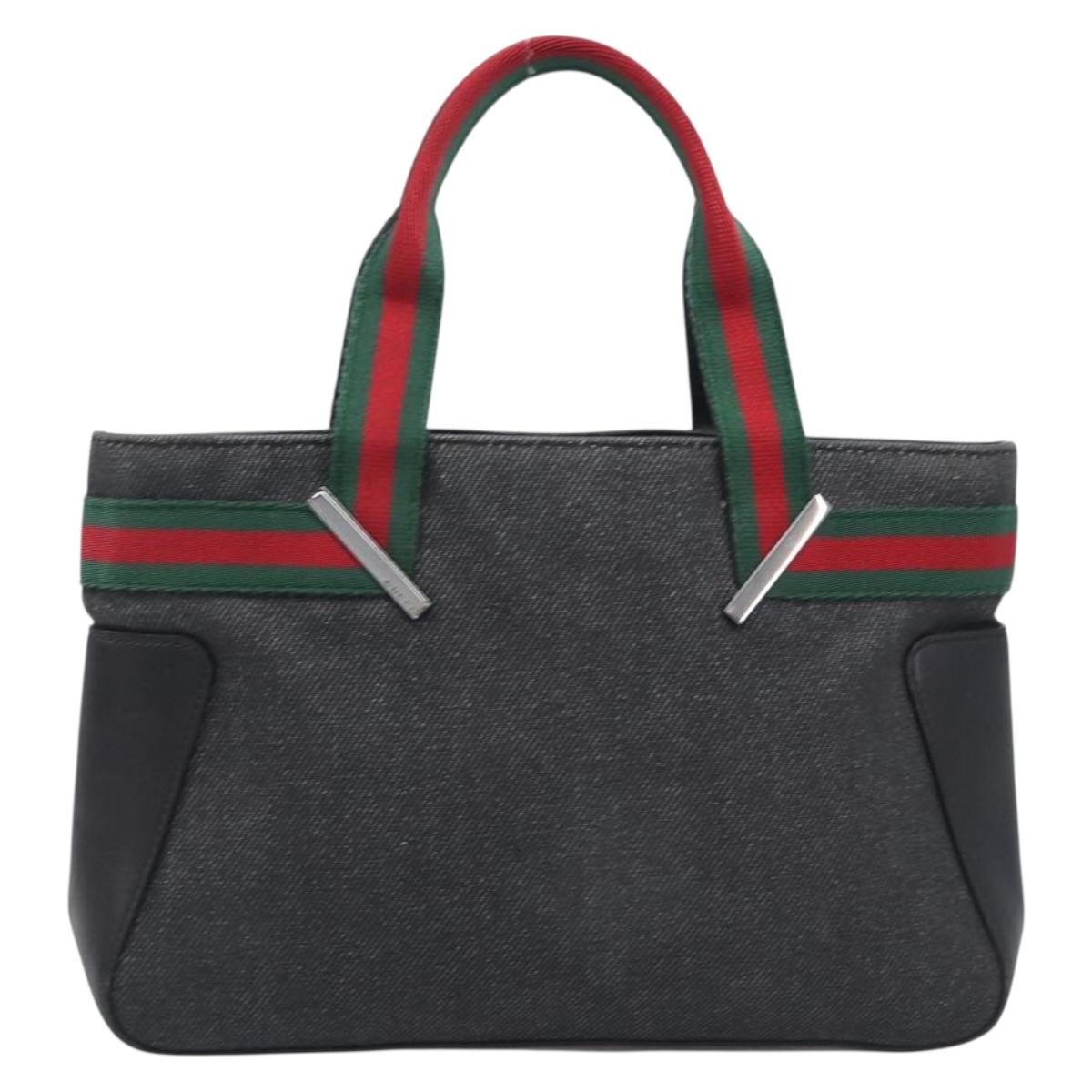 GUCCI Web Sherry Line Hand Bag Canvas Black Silver 73984 Auth 205458V