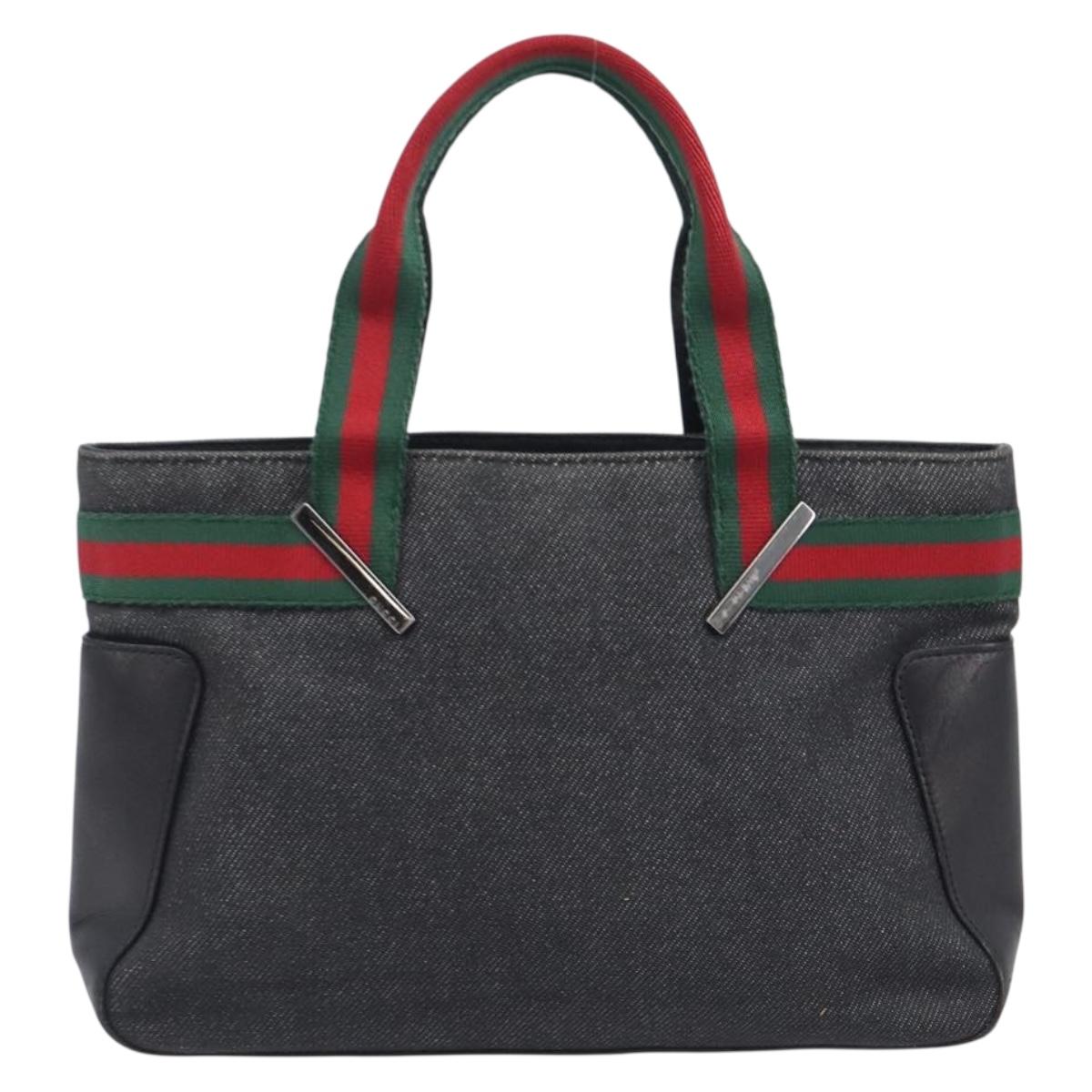 GUCCI Web Sherry Line Hand Bag Canvas Black Silver 73984 Auth 205458V