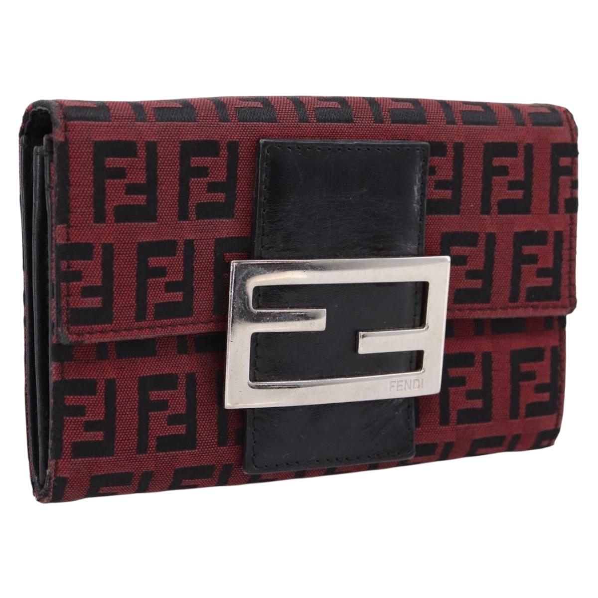FENDI Zucchino Canvas Bifold Wallet Red Silver SM0036 Auth 205529A