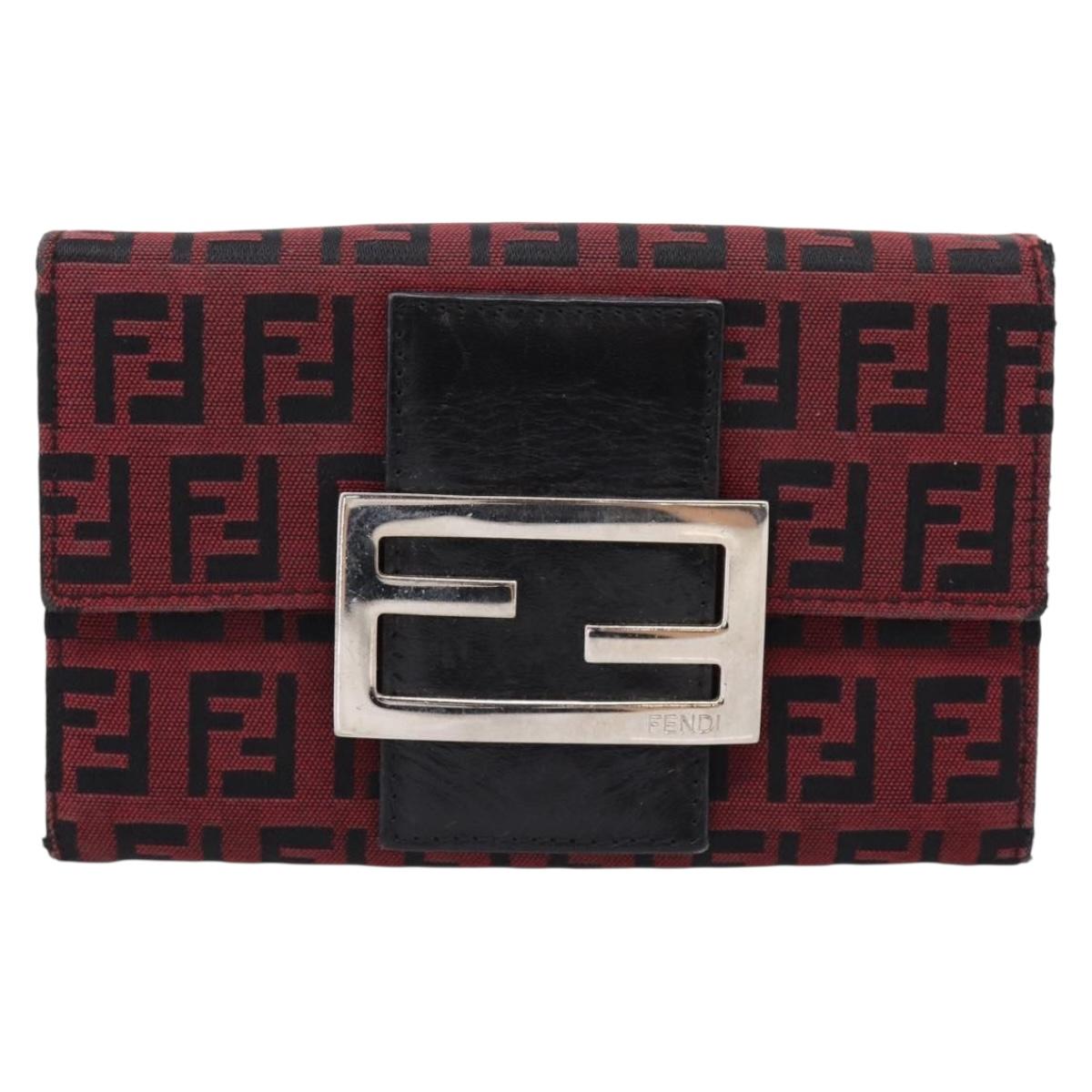 FENDI Zucchino Canvas Bifold Wallet Red Silver SM0036 Auth 205529A
