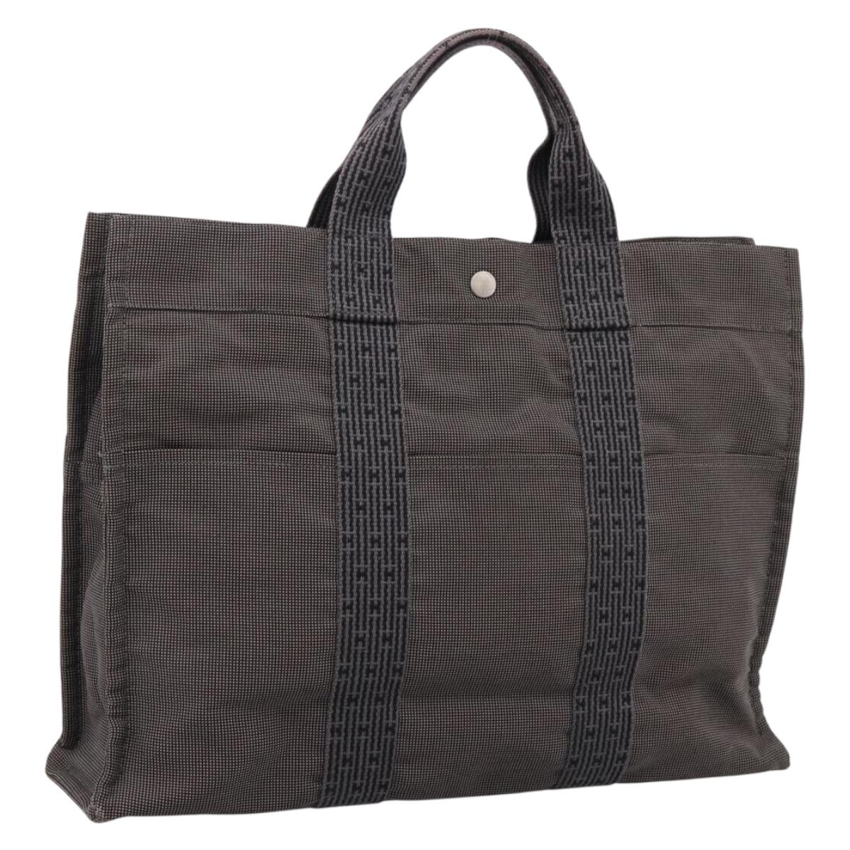 HERMES Her Line MM Hand Bag Canvas Gray Silver Auth 205800A