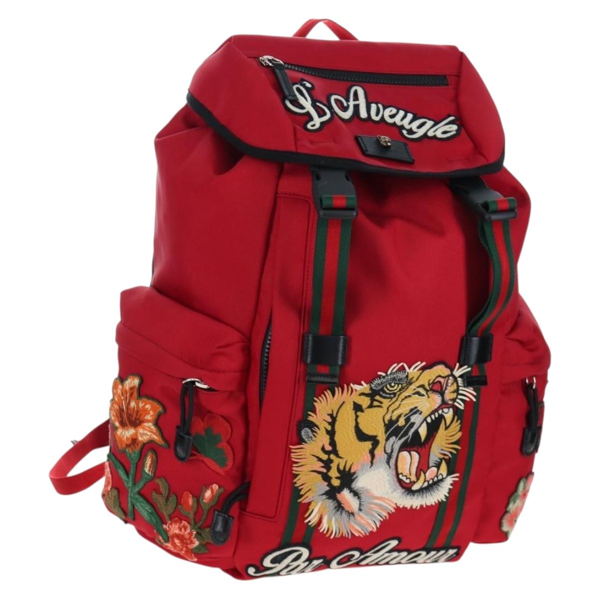 GUCCI Embroidery Tiger Web Sherry Line Backpack Canvas Red 429037 Auth 205809V