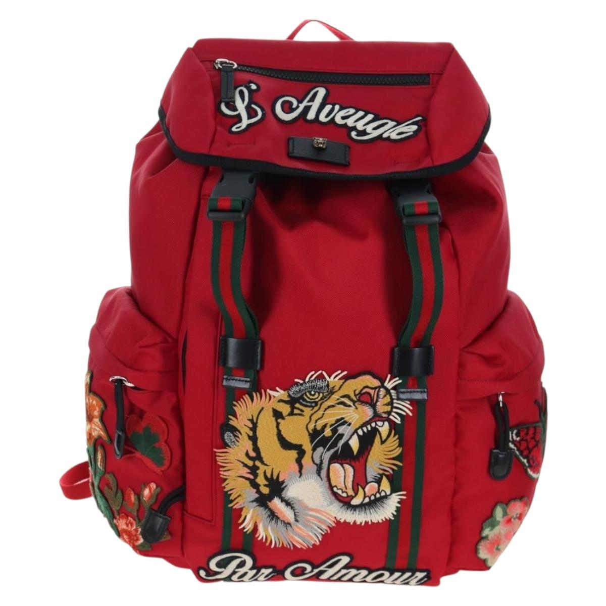 GUCCI Embroidery Tiger Web Sherry Line Backpack Canvas Red 429037 Auth 205809V